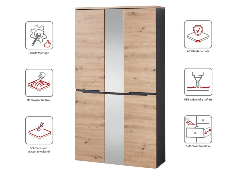 Dielenschrank Memphis 3-türig mit Spiegel Artisan Eiche Graphit