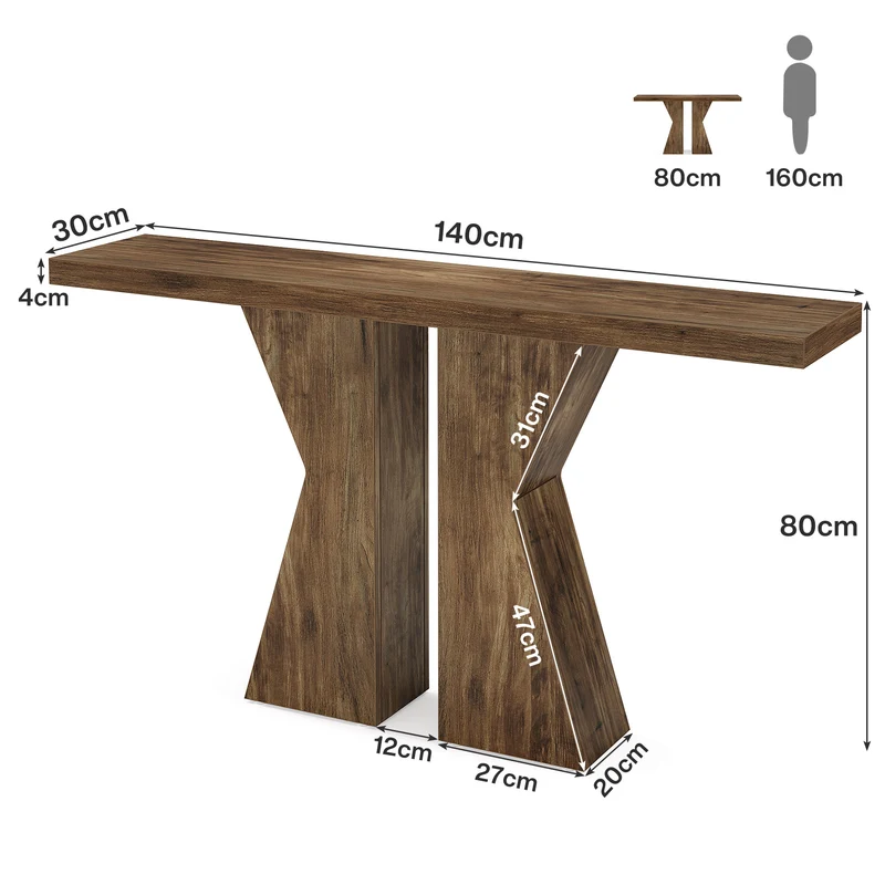 Konsolentisch aus Holz, 140cm Sofatisch, Eingangstisch mit K-förmigem Rahmen