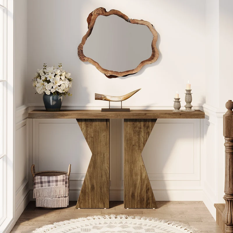 Konsolentisch aus Holz, 140cm Sofatisch, Eingangstisch mit K-förmigem Rahmen