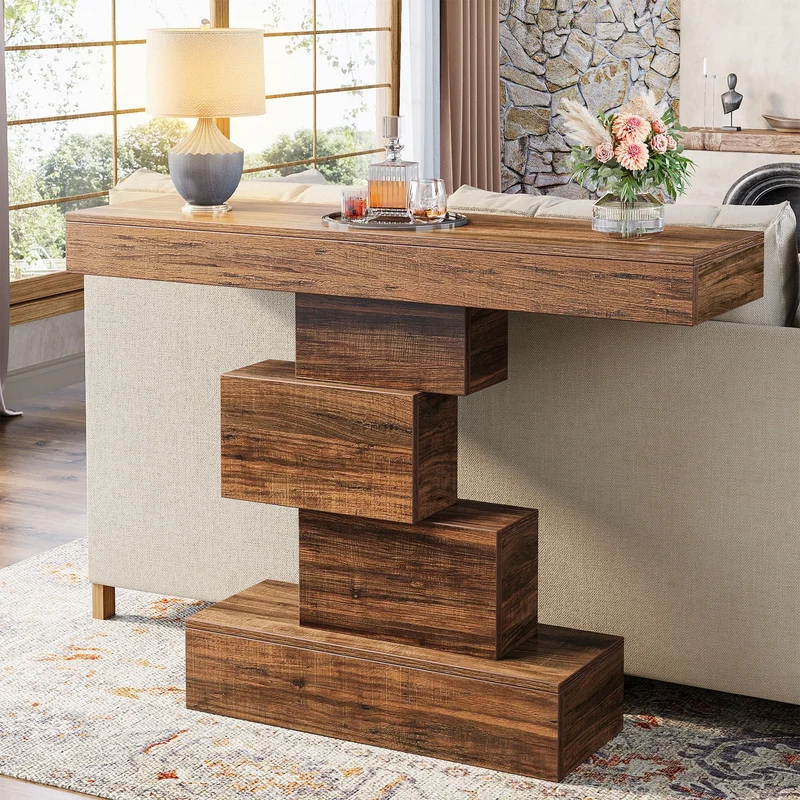 108cm Konsolentisch, Holzsofatisch, Akzenttisch mit geometrischem Sockel