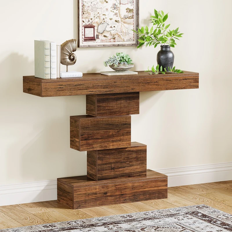 108cm Konsolentisch, Holzsofatisch, Akzenttisch mit geometrischem Sockel