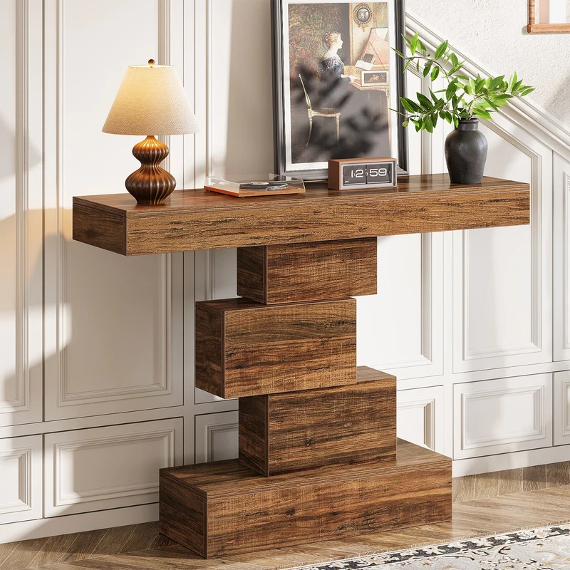 108cm Konsolentisch, Holzsofatisch, Akzenttisch mit geometrischem Sockel