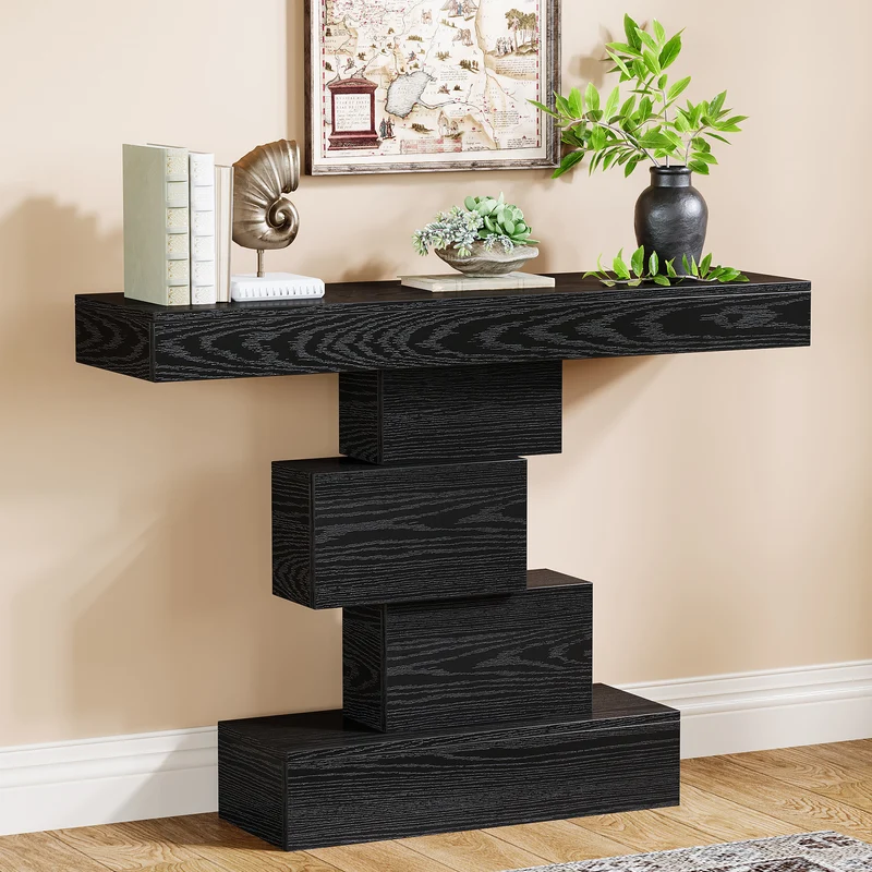 108cm Konsolentisch, Holzsofatisch, Akzenttisch mit geometrischem Sockel