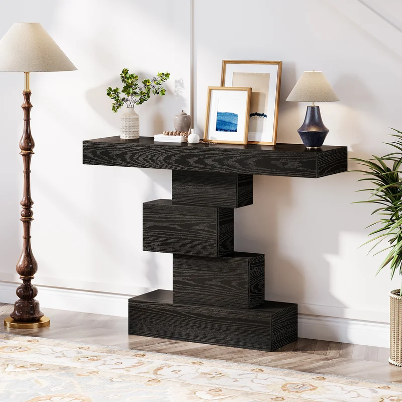 108cm Konsolentisch, Holzsofatisch, Akzenttisch mit geometrischem Sockel