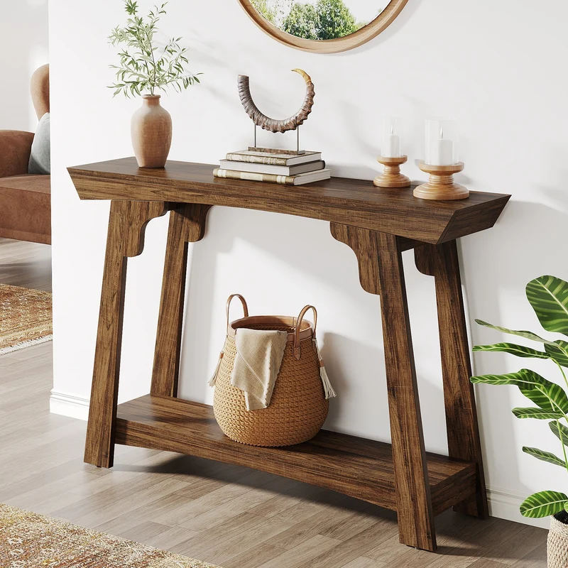 105cm Konsolentisch, 2-stöckiger Sofatisch im Landhausstil, Eingangstisch mit Ablagefach