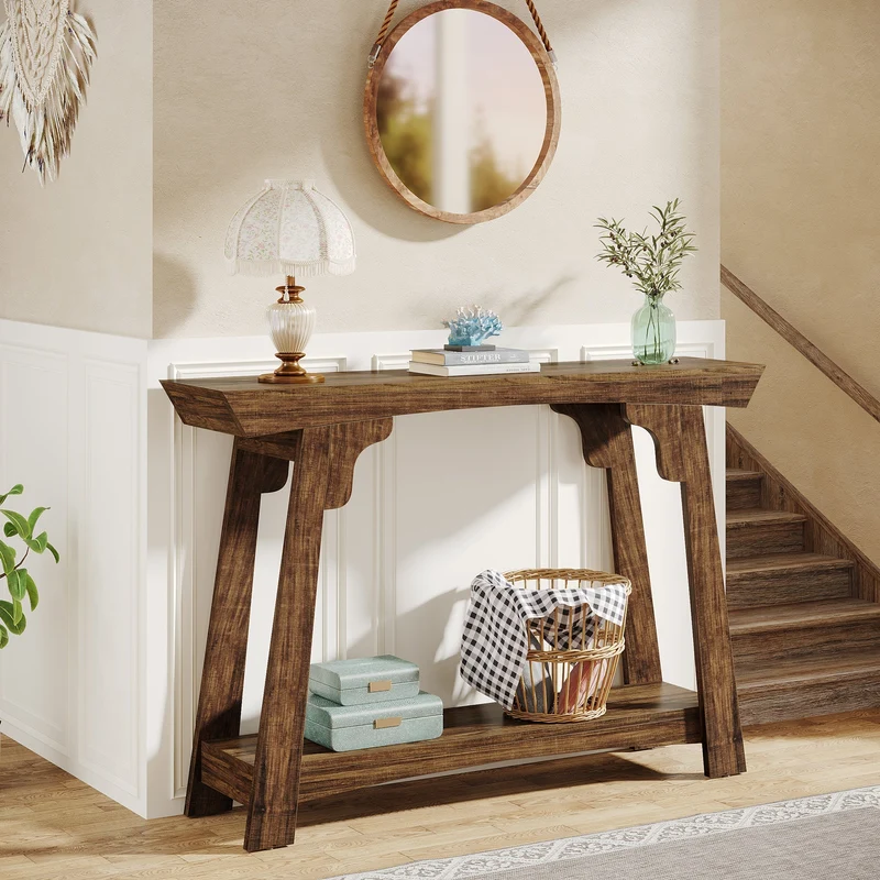 105cm Konsolentisch, 2-stöckiger Sofatisch im Landhausstil, Eingangstisch mit Ablagefach