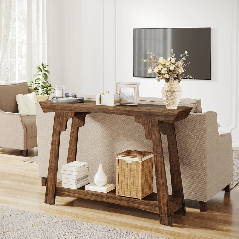 105cm Konsolentisch, 2-stöckiger Sofatisch im Landhausstil, Eingangstisch mit Ablagefach