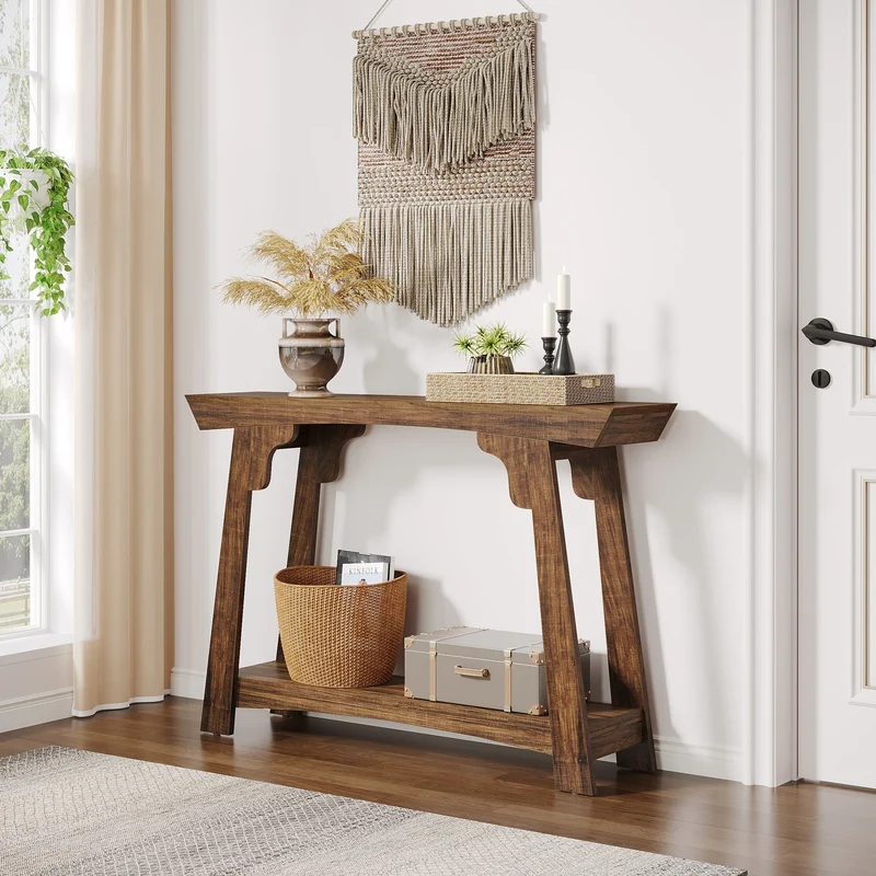 105cm Konsolentisch, 2-stöckiger Sofatisch im Landhausstil, Eingangstisch mit Ablagefach