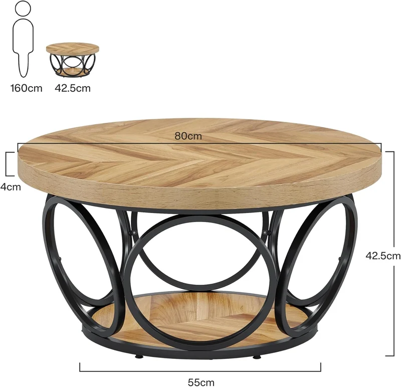80 cm Runder Holztisch, 2-Ebenen Lagerung, Moderne Einfache Braune Teetisch