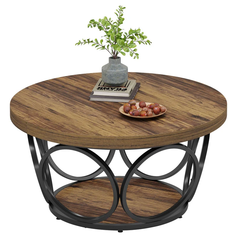 80 cm Runder Holztisch, 2-Ebenen Lagerung, Moderne Einfache Braune Teetisch