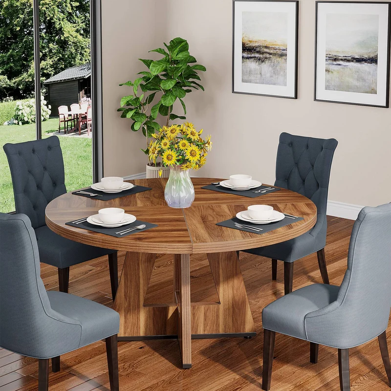 4 Personen Runder Esstisch, 120 cm Bauernhaus Esstisch mit Holztischplatte und Beinen