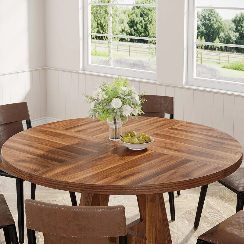 4 Personen Runder Esstisch, 120 cm Bauernhaus Esstisch mit Holztischplatte und Beinen