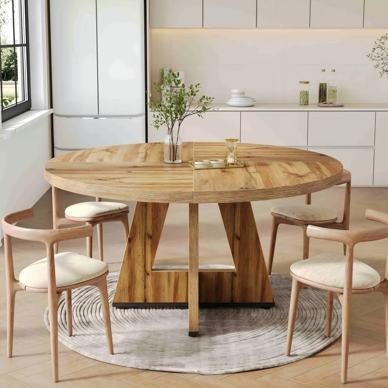 4 Personen Runder Esstisch, 120 cm Bauernhaus Esstisch mit Holztischplatte und Beinen