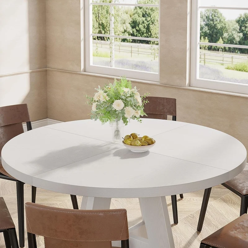 4 Personen Runder Esstisch, 120 cm Bauernhaus Esstisch mit Holztischplatte und Beinen