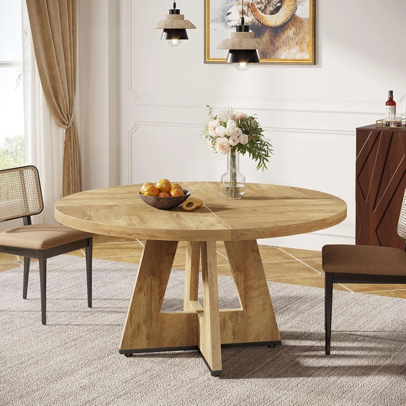 4 Personen Runder Esstisch, 120 cm Bauernhaus Esstisch mit Holztischplatte und Beinen