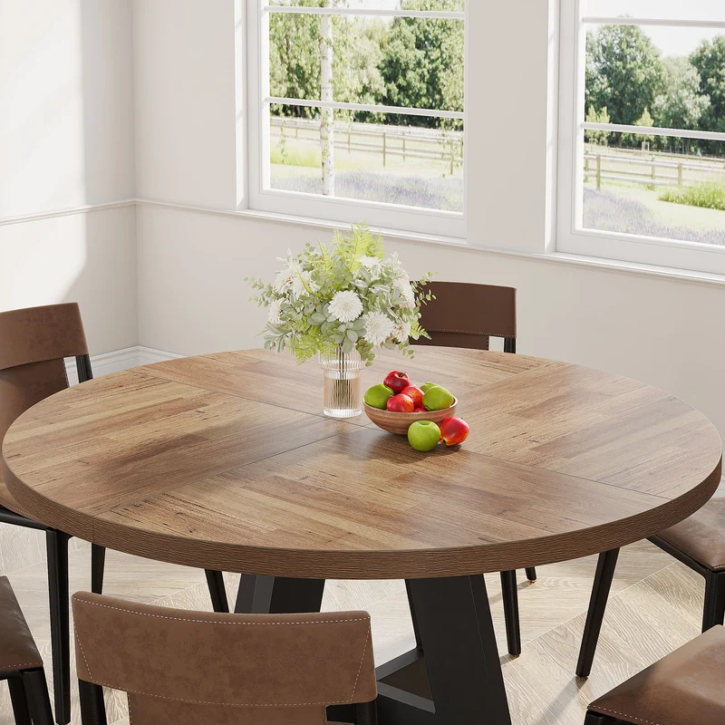 4 Personen Runder Esstisch, 120 cm Bauernhaus Esstisch mit Holztischplatte und Beinen