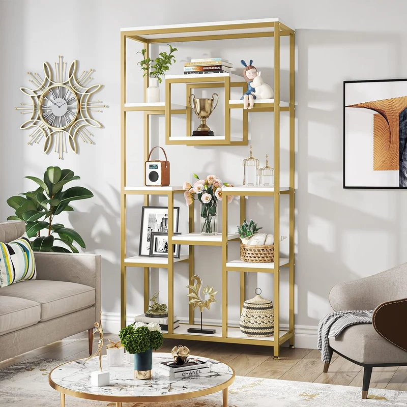Goldenes Bücherregal - Modernes freistehendes Bücherregal mit 11 offenen Regalen