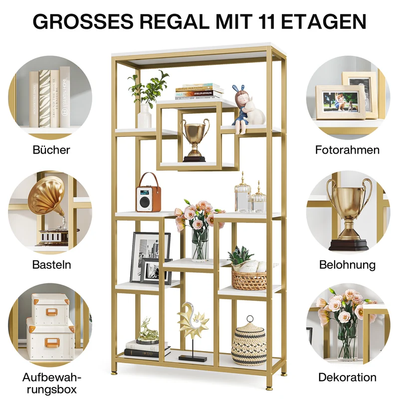 Goldenes Bücherregal - Modernes freistehendes Bücherregal mit 11 offenen Regalen