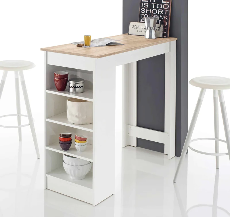 Stehtisch Bartisch MOJITO Weiß Platte Sonoma Eiche mit Regal