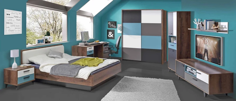 Jugendzimmer RAVEN mit Schwebetürenschrank Schlammeiche Weiß Grün Grau