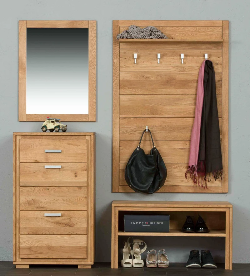 Garderoben Set Wildeiche Massivholz geölt, 4-teilig, Basel IV